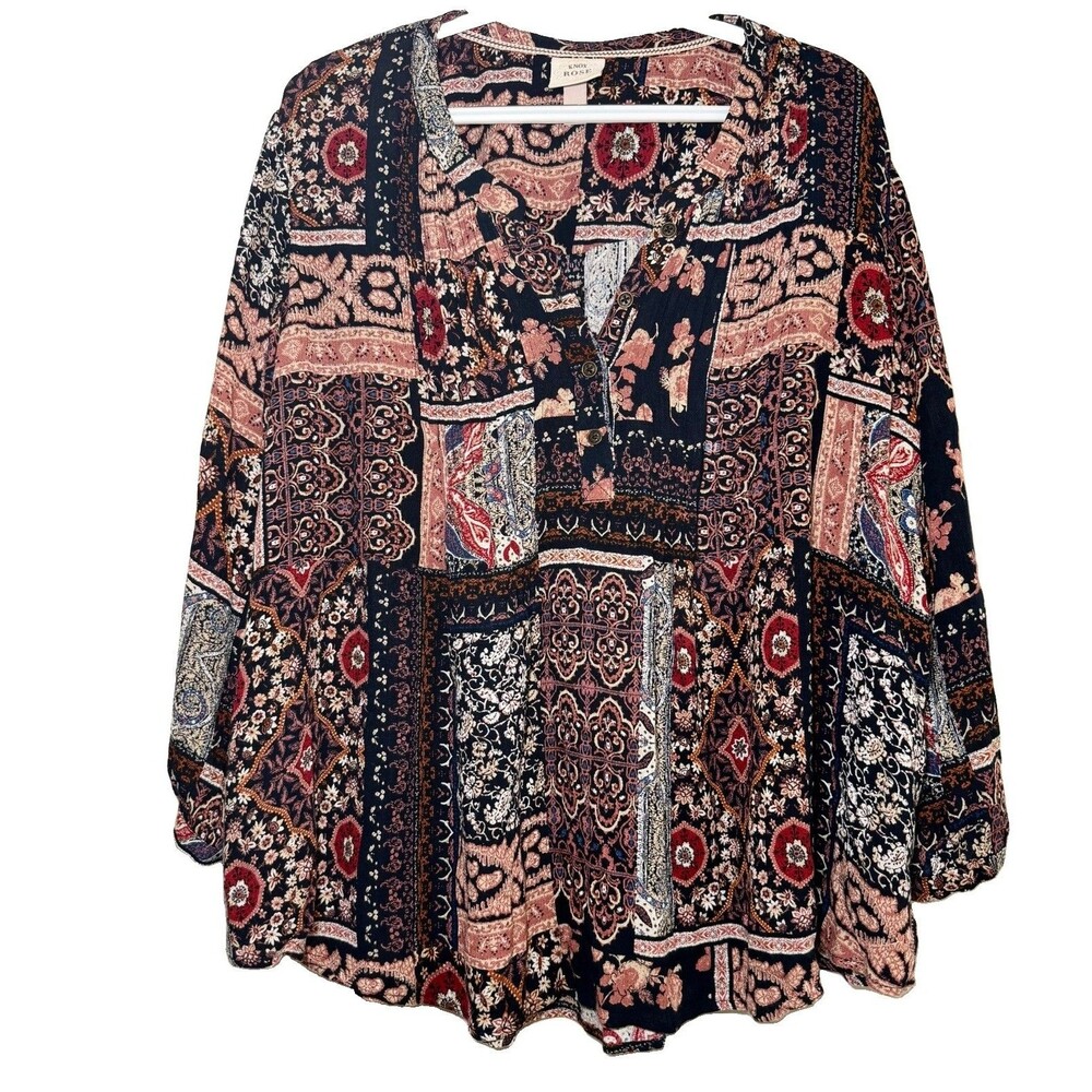 Knox Rose Women’s XL Patchwork Boho Rayon Peasant Blouse Floral Henley Top